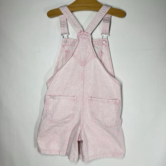 H&M Pink Denim Shortalls Girls Size 7 Jean Overalls 100% Cotton Washed - Picture 2 of 3